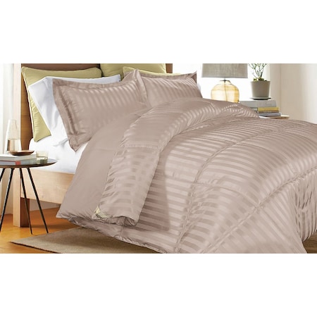 Down Alternative Solid/Stripe Reversible Comforter, Taupe, Twin